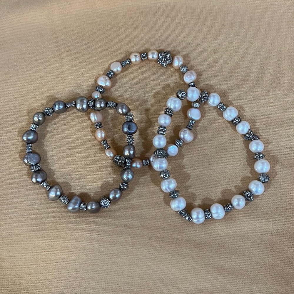 Set of Three Pearl and Silver Bracelets
